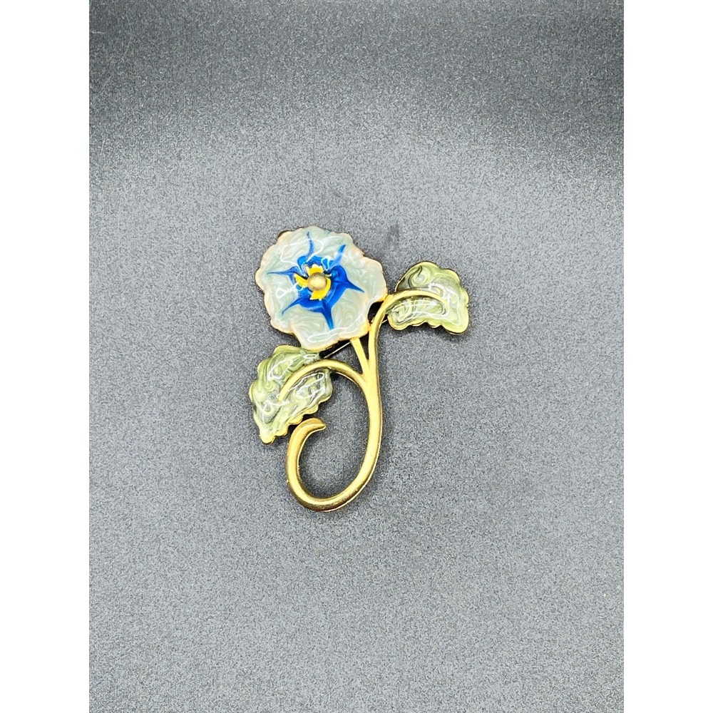 Whimsical Botanical Flower Pin Gold Tone Statement Brooch 2.25" Blue Green Vtg